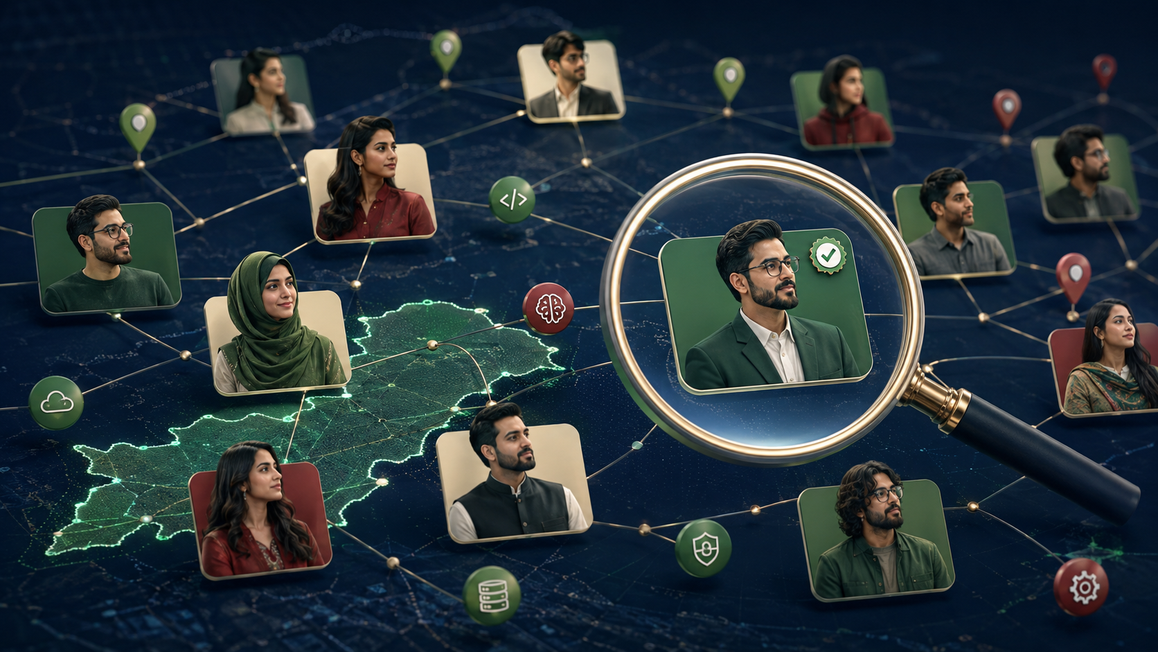A connected directory of Pakistani technology professionals being explored with a search lens